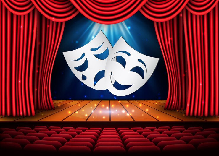 Vetor máscaras de teatro felizes e tristes, cena teatral com cortinas vermelhas. ilustração.