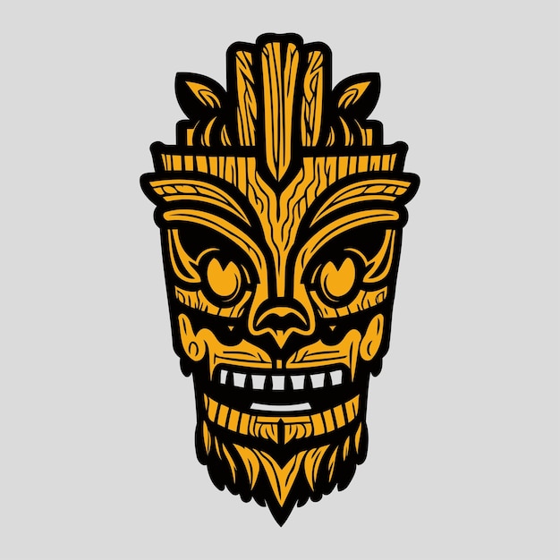Vetor máscaras de tiki com rostos assustadores e boca dentada decorada com folhas ídolos de tiki isolados