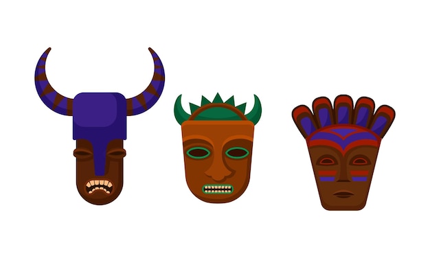 Máscaras tribais étnicas africanas Vector definido em fundo branco Conceito de símbolos rituais