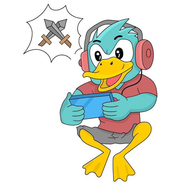 Mascot esport duck está jogando jogos móveis. emoticon de adesivo de ilustração de desenho animado