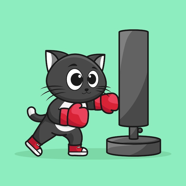 Vetor mascote animal boxer de gato bonito usando luvas de boxe batendo no saco de pancadas