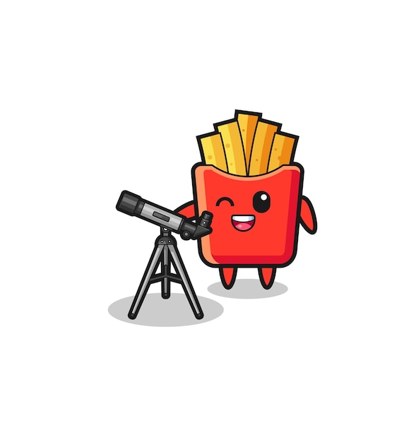 Mascote astrônomo de batatas fritas com telescópio moderno e design fofo