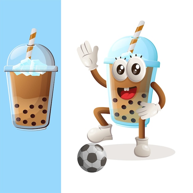 Mascote bonito bubble tea jogar bola de futebol de futebol