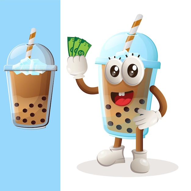 Mascote bonito bubble tea segurando dinheiro