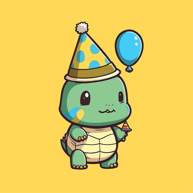 Mascote bonito para uma tartaruga usando um chapéu de cone e carregando um design de desenho animado plano de balão de aniversário