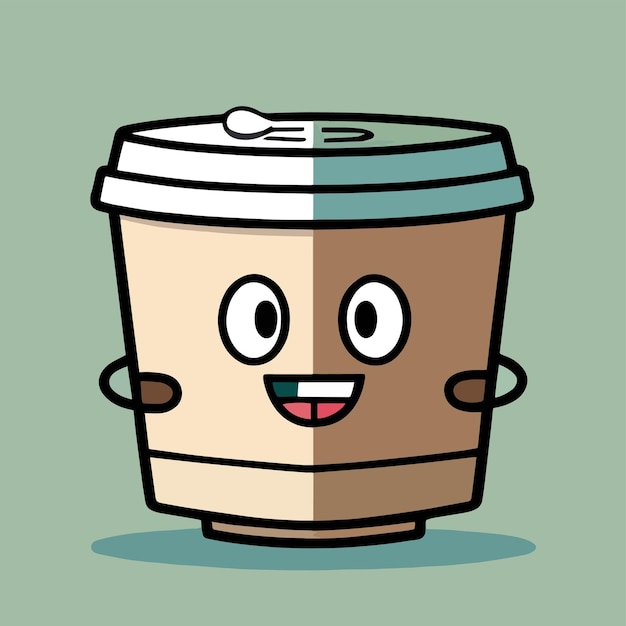 Mascote bonito para uma xícara de café com uma expressão feliz design de desenho animado plano premium e vetor simples