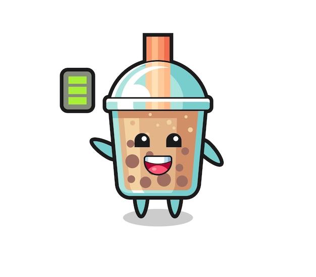 Mascote bubble tea com gesto enérgico