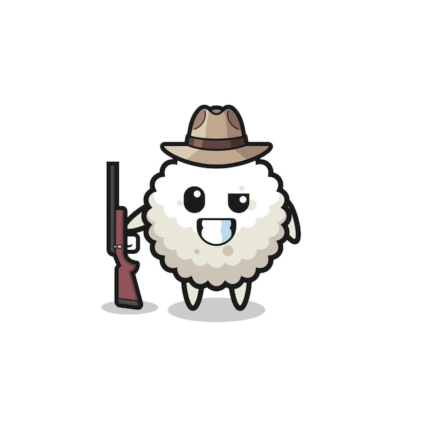 Mascote caçador de bola de arroz segurando um design bonito de arma