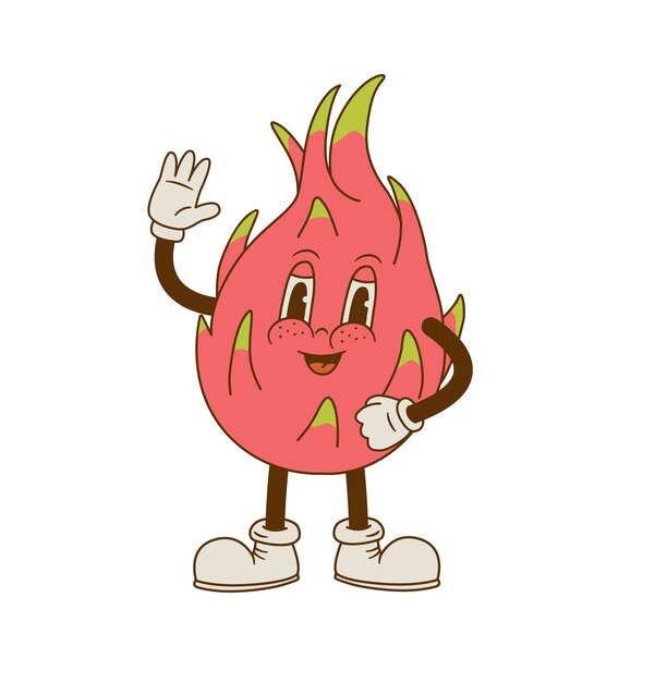 Mascote cômico da fruta do dragão Personagem de desenho animado retro de frutas tropicais Alimentação saudável e vegana