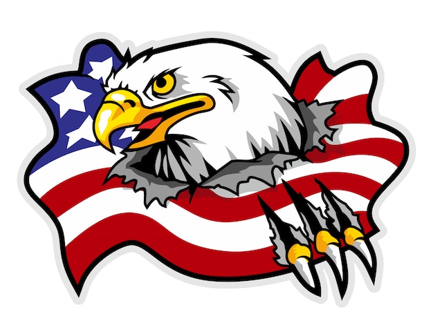 Mascote da águia que quebrando a bandeira de américa no fundo
