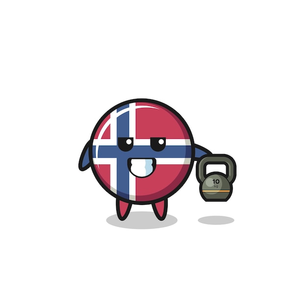 Mascote da bandeira da Noruega levantando kettlebell no ginásio