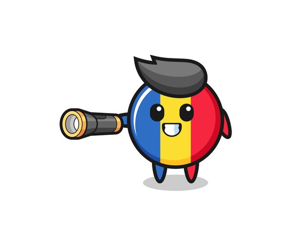 Mascote da bandeira da romênia segurando uma lanterna, desenho fofo