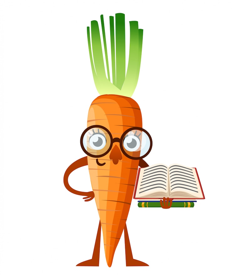Vetor mascote da cenoura. cenoura de desenho animado com óculos contém o livro. conceito de aprendizagem. ilustração em fundo branco. página do site e aplicativo móvel