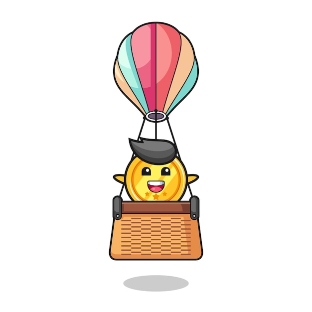 Mascote da medalha montando um balão de ar quente, design fofo