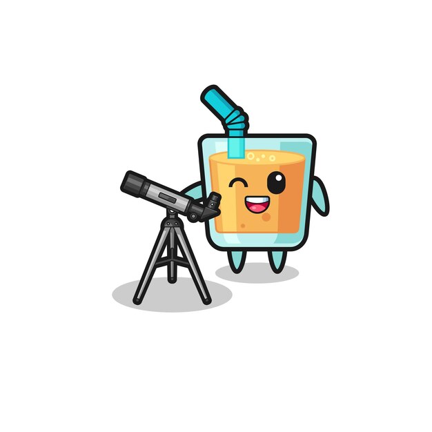 Mascote de astrônomo de suco de laranja com um telescópio moderno