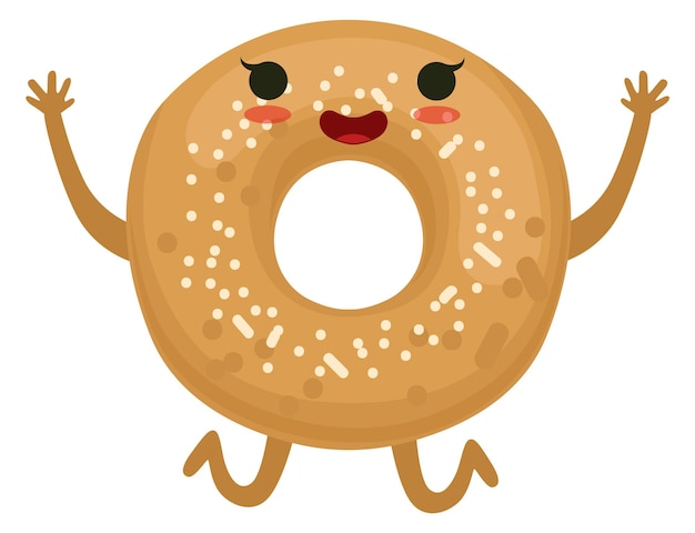 Mascote de bagel saltitante personagem de padaria de cara feliz