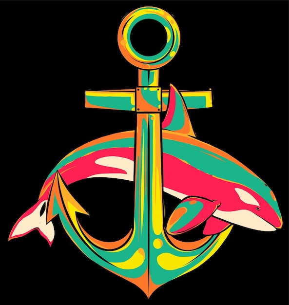 Mascote de baleia assassina e ícone de âncora emblema heráldico vetor escudo náutico para modelo de sinal de camiseta