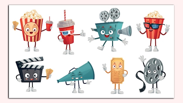 Vetor mascote de cinema de desenhos animados popcorn em óculos 3d câmera de filme engraçado e bilhetes de cinema personagens conjunto de ilustração vetorial