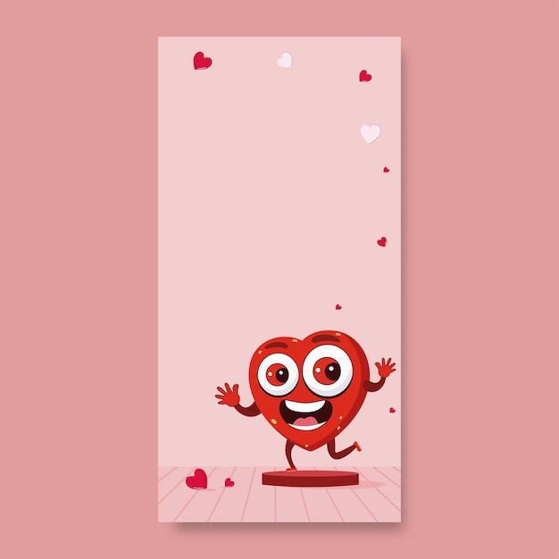 Mascote de coração entusiasmado no pódio com pequenos corações vermelhos em fundo de textura de prancha rosa e espaço para texto
