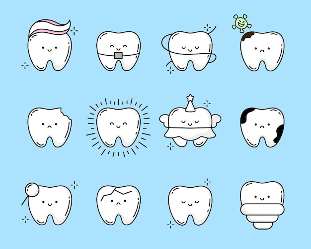 Mascote de dente de desenho animado Dentes bonitos com diferentes emoções definidas para design de etiquetas Feliz sorrindo