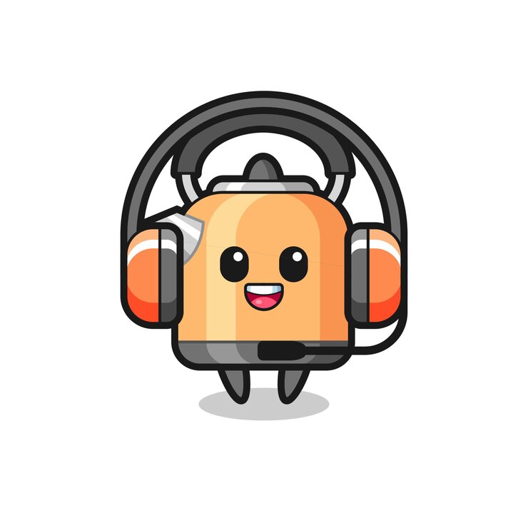 Vetor mascote de desenho animado da chaleira como atendimento ao cliente, design de estilo bonito para camiseta, adesivo, elemento de logotipo