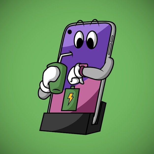 Vetor mascote de desenho animado em smartphone com pose de carga