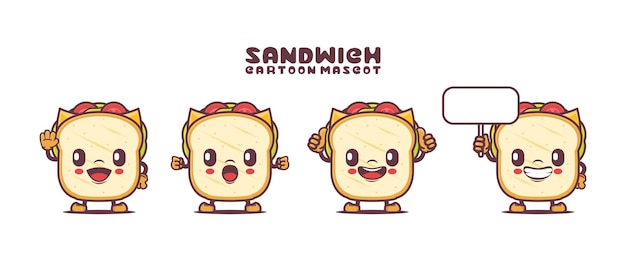 Mascote de desenho de sanduíche com diferentes expressões
