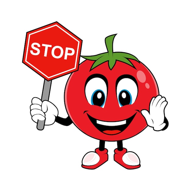 Mascote de desenhos animados de frutas de tomate segurando uma placa de pare