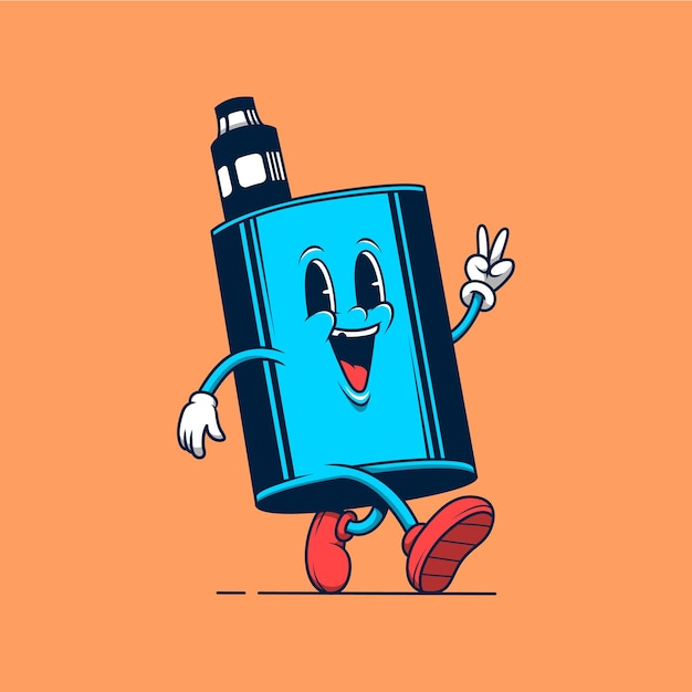 Mascote de dispositivo vaping azul andando ilustração de logotipo de desenho animado retrô vintage