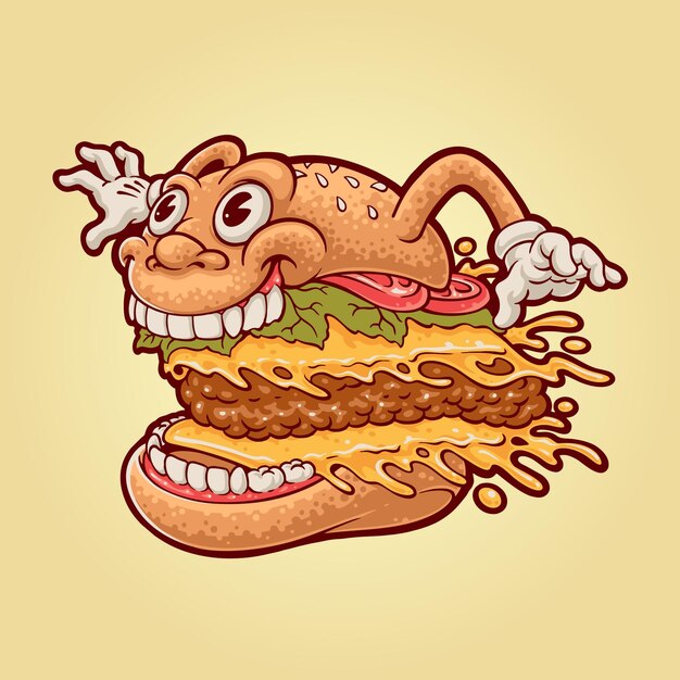 Mascote de fast food de hambúrguer em estilo de desenho animado