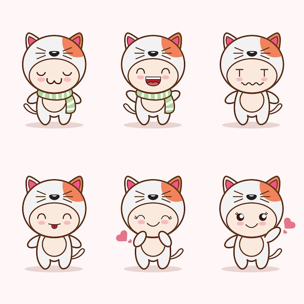 Mascote de gato fofo com vários tipos de coleção de conjunto de expressões