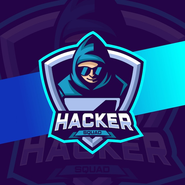 mascote de hacker com laptop e capa esport design de logotipo