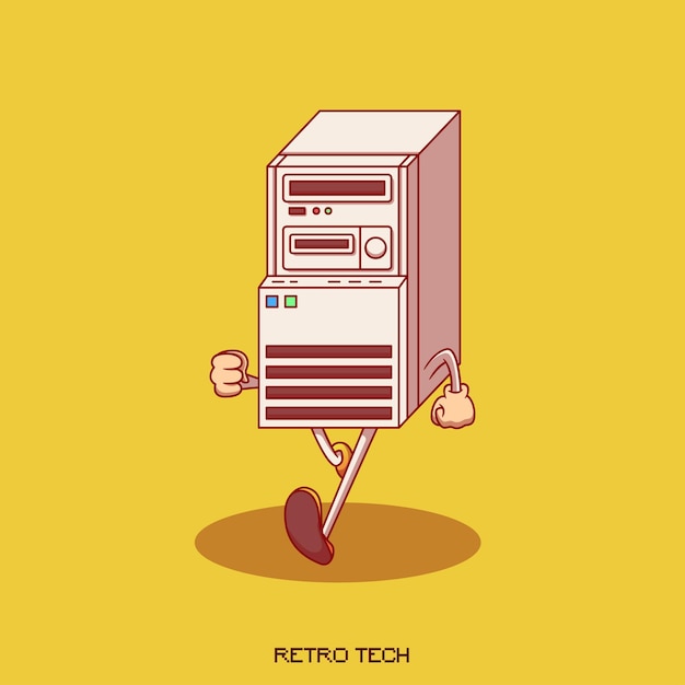 Mascote de ilustração de computador retrô ambulante