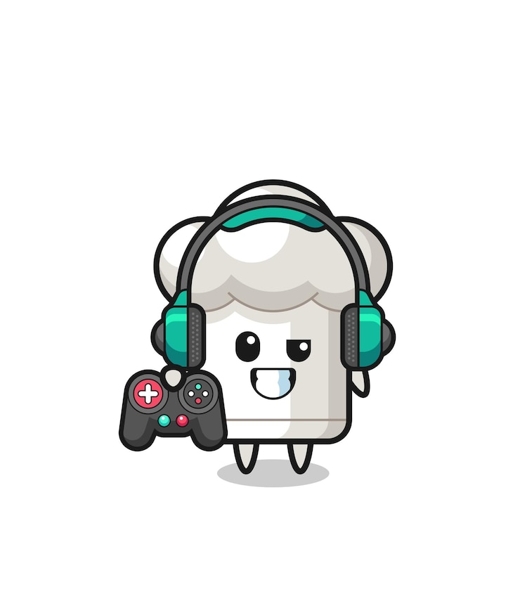 Vetor mascote de jogador de chapéu de chef segurando um design bonito de controlador de jogo