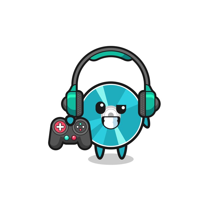 Vetor mascote de jogador de disco óptico segurando um design bonito de controlador de jogo
