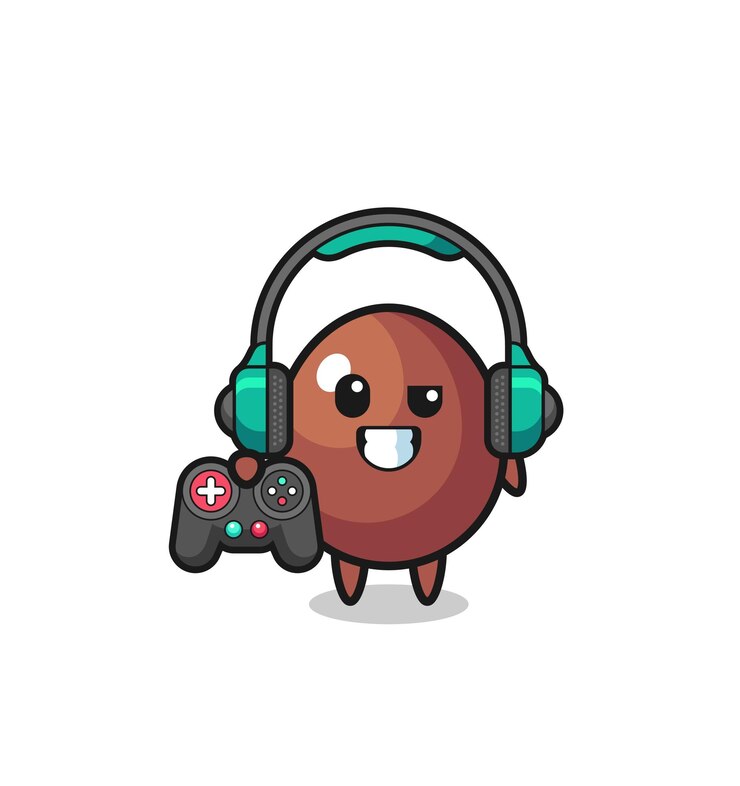 Vetor mascote de jogador de ovo de chocolate segurando um controlador de jogo