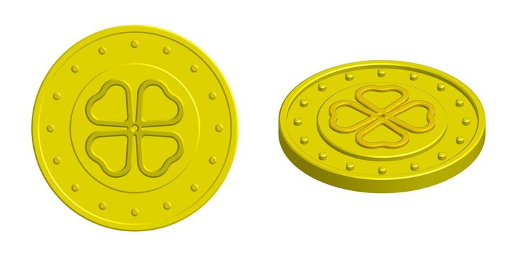 Vetor mascote de moeda de ouro isométrica com trevo de quatro folhas amuleto para atrair boa sorte vetor 3d