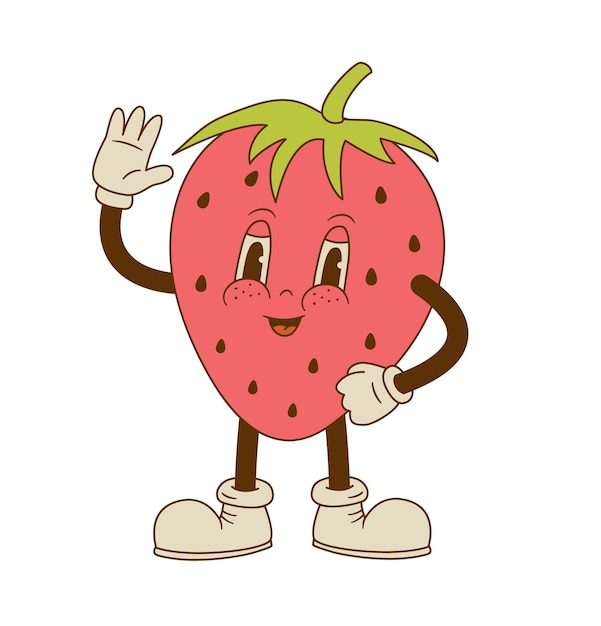 Mascote de morango engraçado agita a mão Cute desenho animado retro personagem de bagas ilustração vetorial comida vegana