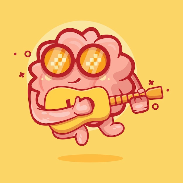 Mascote de personagem de cérebro legal tocando desenho de guitarra isolado em design de estilo simples