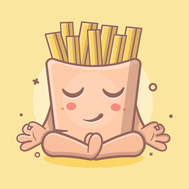 Mascote de personagem de comida de batatas fritas kawaii com pose de meditação de ioga desenho isolado