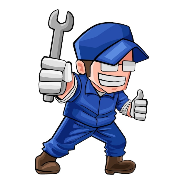 Mascote de personagem de desenho animado mecânico masculino segurando uma chave inglesa ilustração isolada em branco