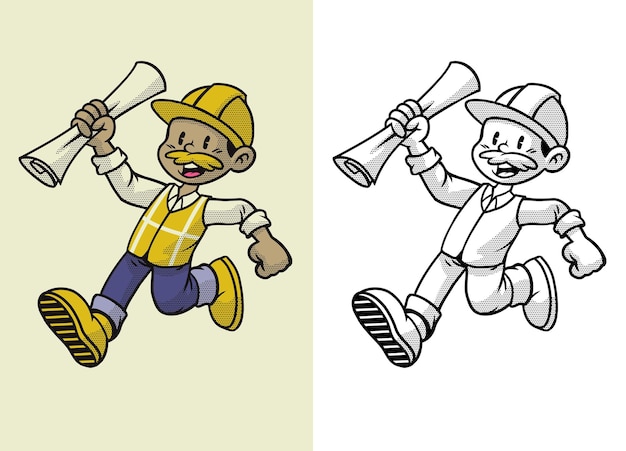 Mascote de personagem de desenho retrô do trabalhador de construção de arquiteto