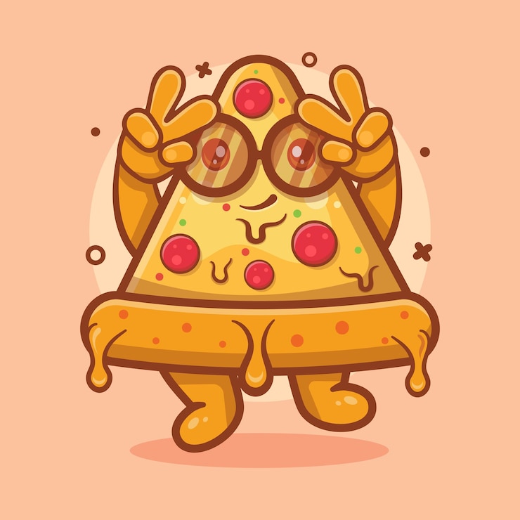 Vetor mascote de personagem de fatia de pizza fofa com desenho de gesto de mão de sinal de paz isolado em design de estilo simples