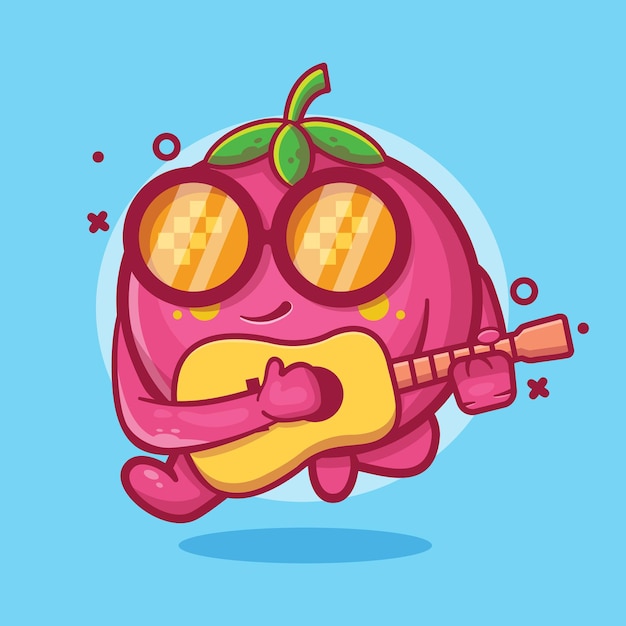 Mascote de personagem de fruta de pêssego legal tocando desenho de guitarra isolado em design de estilo simples