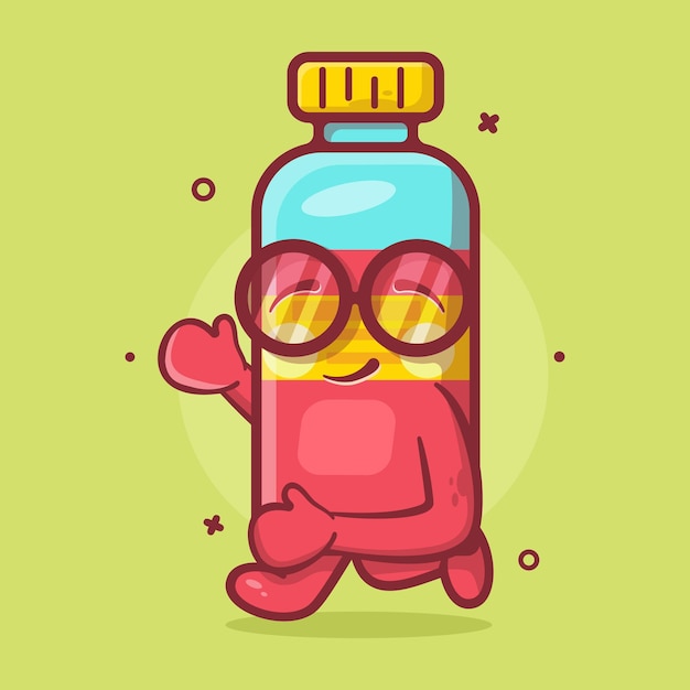 Mascote de personagem de garrafa de suco sorridente executando desenho isolado em design de estilo simples