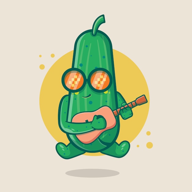 Mascote de personagem de pepino legal tocando desenho de guitarra isolado em design de estilo simples