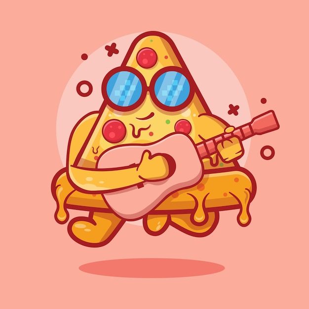 Vetor mascote de personagem de pizza legal tocando desenho de guitarra isolado em design de estilo simples
