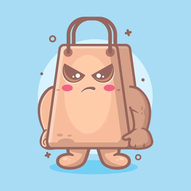 Vetor mascote de personagem de sacola de compras séria com desenho isolado de expressão de raiva em design de estilo simples