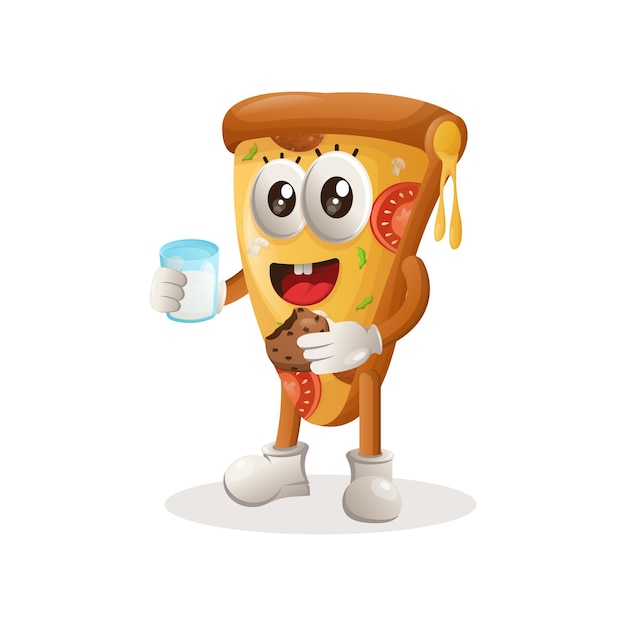 Mascote de pizza bonito bebe leite e come biscoito