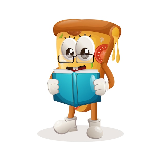 Mascote de pizza bonito lendo um livro